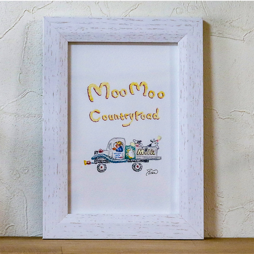 moguの色鉛筆画　ほのぼの可愛い癒し　もーもーカントリーロード