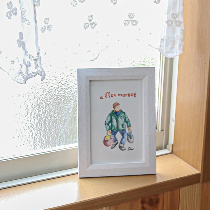 moguの色鉛筆画　ほのぼの可愛い癒し　フリマの帰り