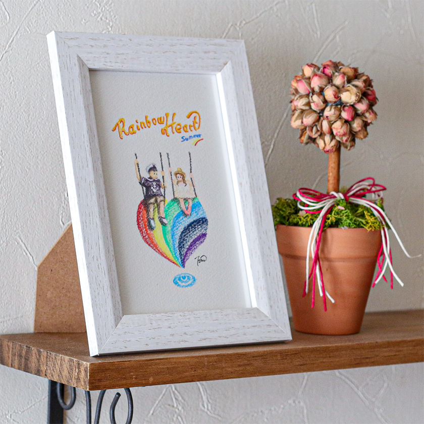 moguの色鉛筆画　ほのぼの可愛い癒し　レインボーハート・夏